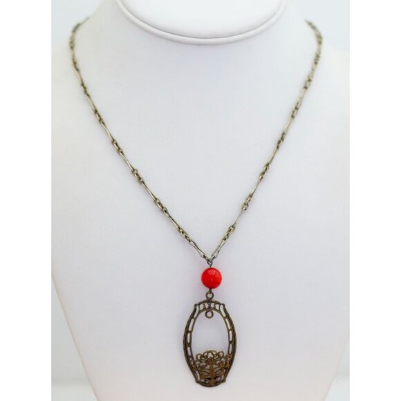 18 inch, Vintage Silver Tone Avant Garde Basket with Red Bead Necklace - L1 - Picture 2 of 3